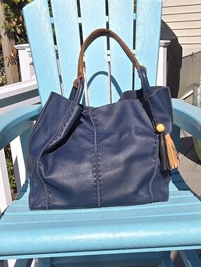 Large The Sak Los Feliz Navy Leather Tote Bag with Tan Handles and Tassel